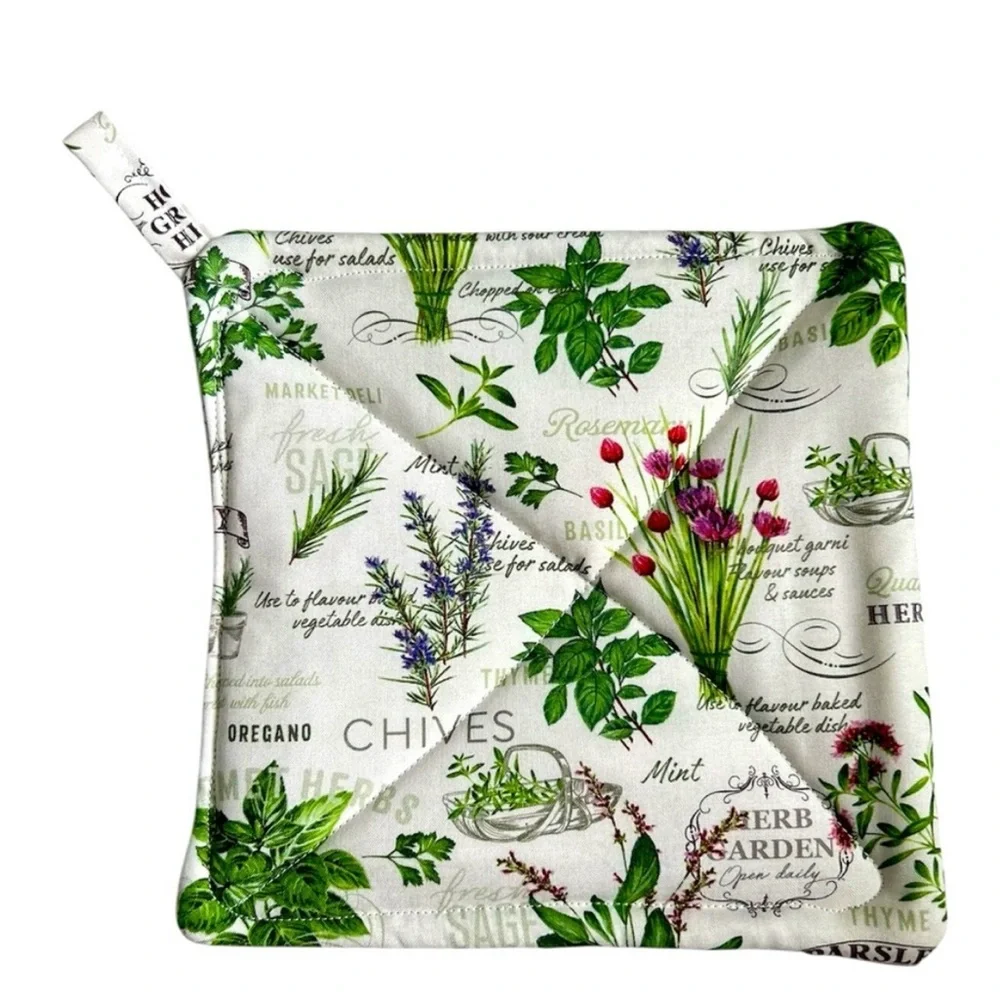 Hand Crafted Garden Herb Design Pot Holders - Green and White Hot Mat Trivet